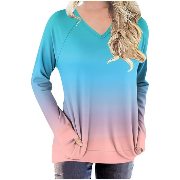 Women's Gradient Color Shirts V Neck Trendy Tees Casual Long Sleeve T-Shirt Loose Pullover Solid Basic Tops Clothes (XL, Light Blue)