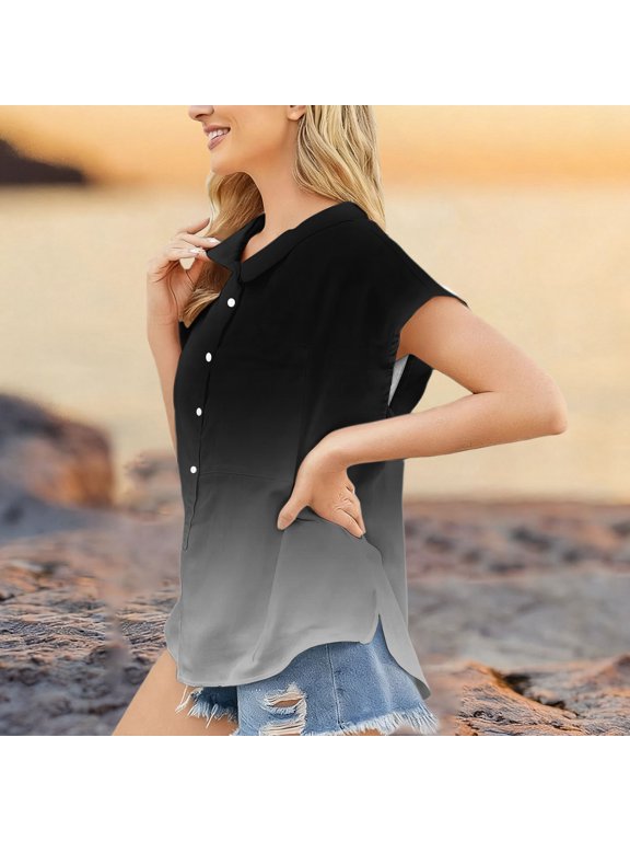 Women's Gradient Color Sleeveless Button Half Placket Top, Side Split Hem with High Low Asymmetric Hemline, Casual Summer Daily Wear, Lightweight Breathable Fabric Black M