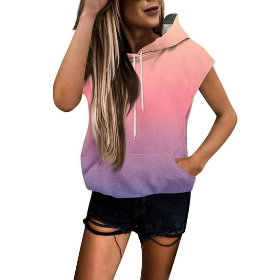 Women's Gradient Color Sleeveless Hoodie, Lightweight Breathable Drawstring Hooded Athletic Top with Front Pocket for Summer Workouts, Gym Wear and Street Fashion Pink XL