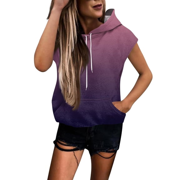 Women's Gradient Color Sleeveless Hoodie, Lightweight Breathable Drawstring Hooded Athletic Top with Front Pocket for Summer Workouts, Gym Wear and Street Fashion Purple M