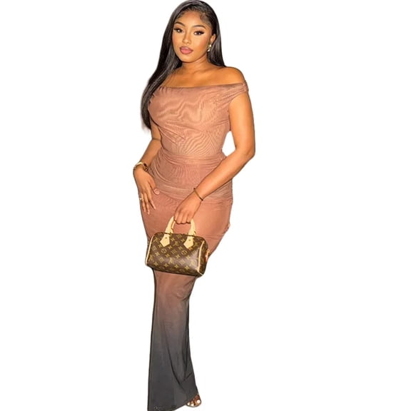 Women's Gradient Color Spliced Strapless Raglan Shot-Sleeve Dress, Pleated, High Waist