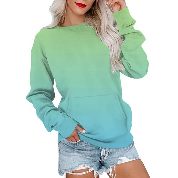 Women's Gradient Color Sweatshirt, Fashion Casual Round Neck Long Sleeve Top with Pocket, Comfortable Streetwear Pullover for Daily Wear Light Blue XL