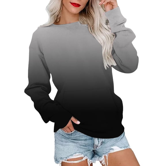 Women's Gradient Color Sweatshirt, Fashion Casual Round Neck Long Sleeve Top with Pocket, Comfortable Streetwear Pullover for Daily Wear Grey L