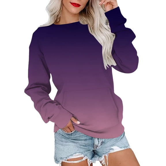 Women's Gradient Color Sweatshirt, Fashion Casual Round Neck Long Sleeve Top with Pocket, Comfortable Streetwear Pullover for Daily Wear Purple S
