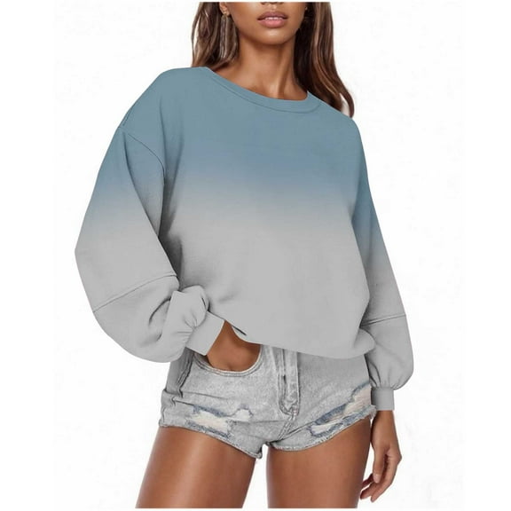 Women's Gradient Color Sweatshirts Crew Neck Oversized Tops Long Sleeve Casual Sweatshirt Quilted Fashion Outerwear (L, Light Blue)