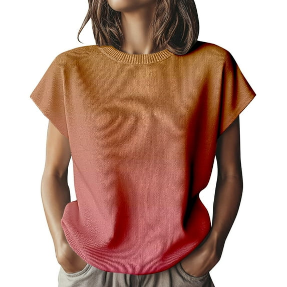Women's Gradient Color Transition Knit Short Sleeve Top, Soft Stretchy Crew Neck Pullover Sweater with Breathable Comfort for Casual Daily Wear, Spring Summer Fashion and Versatile Layering Orange S