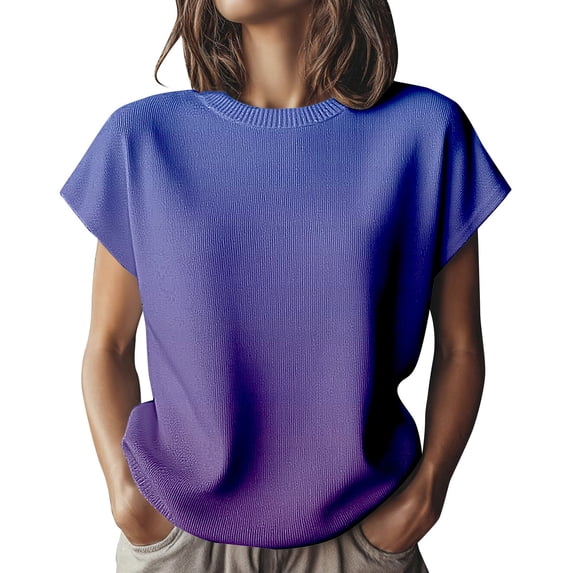 Women's Gradient Color Transition Knit Short Sleeve Top, Soft Stretchy Crew Neck Pullover Sweater with Breathable Comfort for Casual Daily Wear, Spring Summer Fashion and Versatile Layering Blue S