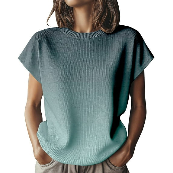 Women's Gradient Color Transition Knit Short Sleeve Top, Soft Stretchy Crew Neck Pullover Sweater with Breathable Comfort for Casual Daily Wear, Spring Summer Fashion and Versatile Layering Black XL