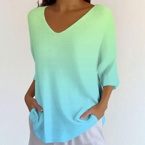 Women's Gradient Color V-Neck Top, Mid-Length Sleeve Blouse, Soft Flowy Casual Wear, Elegant Color Fading Effect, Comfortable Loose Fit Tee, Everyday Stylish Basic Blue S