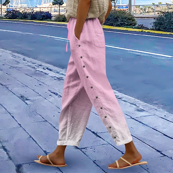 Women's Gradient Elastic Pants with Pocket Buttons, Loose Fit Straight Leg Casual Trousers with H-Line Silhouette and Natural Waist, Long Length for Daily Wear and Casual Occasions Pink S