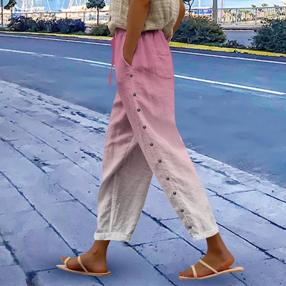Women's Gradient Elastic Pants with Pocket Buttons, Loose Fit Straight Leg Casual Trousers with H-Line Silhouette and Natural Waist, Long Length for Daily Wear and Casual Occasions Pink XL