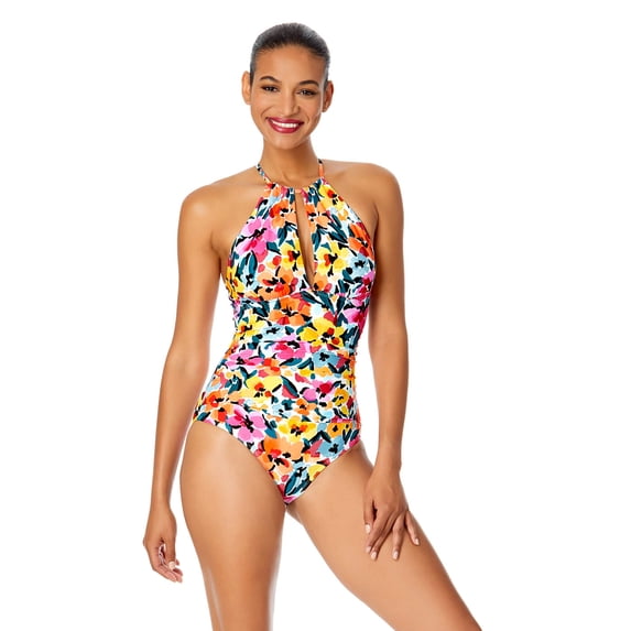 Women's Gradient Floral High Neck With Ruffled Straps One Piece Swimsuit
