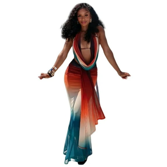 Women's Gradient Lace-up Halter Swinging Collar Sleeveless Backless Vest Tops & Pleated Long Skirt, Gauze Spliced Sexy, 2pcs Set