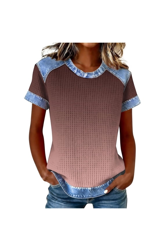 Women's Gradient Ombre Short Sleeve T-Shirt, Crew Neck Color Transition Tee, Casual Soft Basic Top