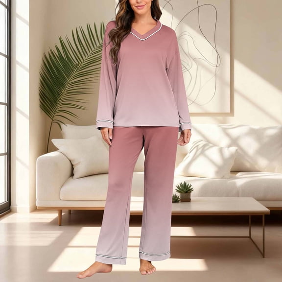 Women's Gradient Pajamas Sets 2 Piece Pjs V Neck Long Sleeve Sleepwear Comfy Long Pants Loungewear New Two Piece Sets for Women Pinky M