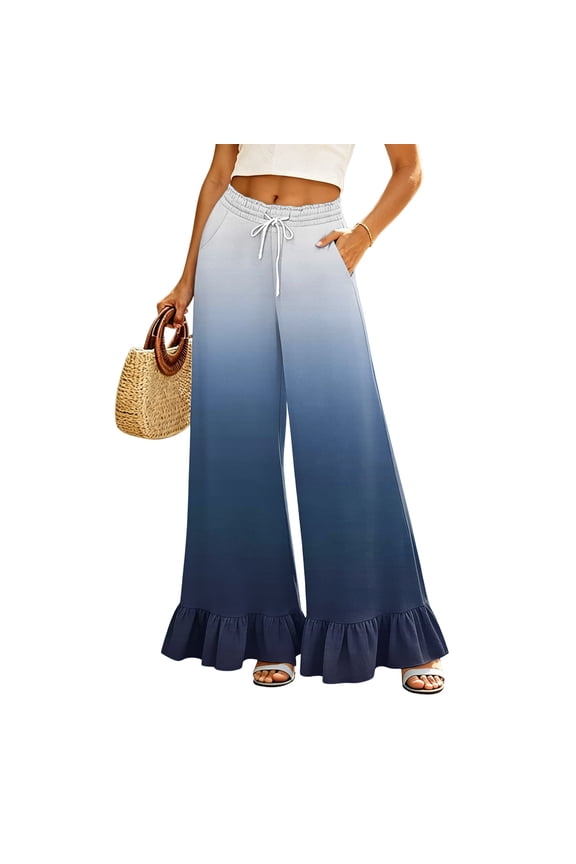 Women's Gradient Palazzo Pants, Comfy Stretchy High Rise Long Trousers, Casual Chic Printed Ruffle Fashion Bottom Pants for Vacation