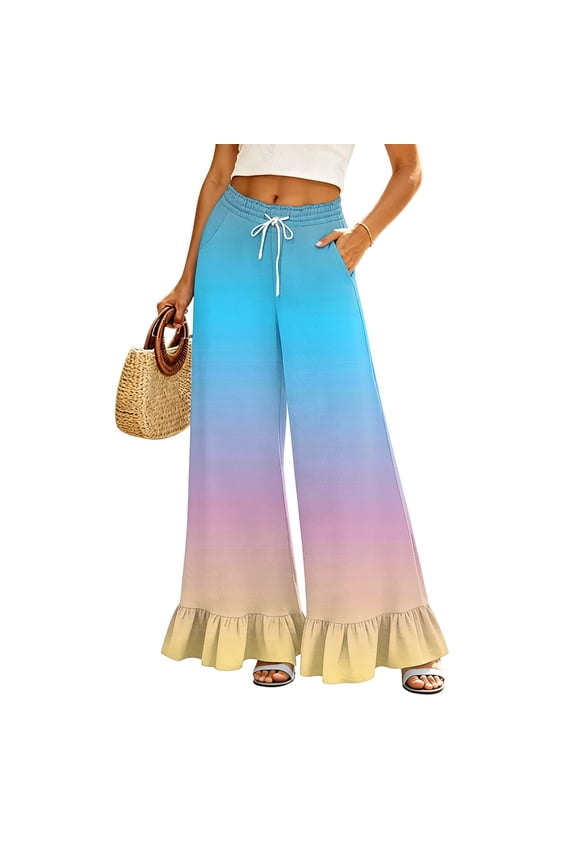Women's Gradient Palazzo Pants, Comfy Stretchy High Rise Long Trousers, Casual Chic Printed Ruffle Fashion Bottom Pants for Vacation