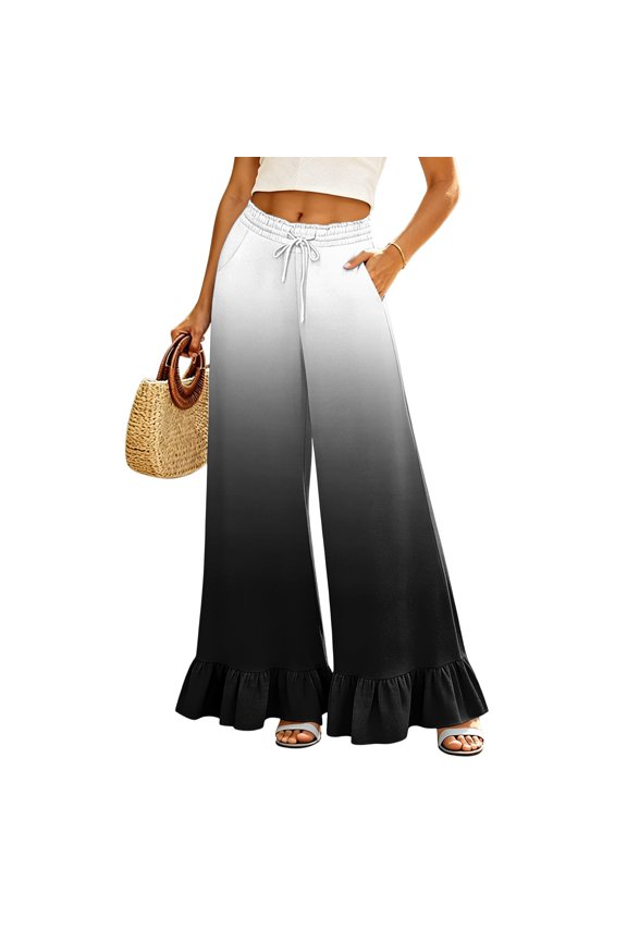 Women's Gradient Palazzo Pants, Comfy Stretchy High Rise Long Trousers, Casual Chic Printed Ruffle Fashion Bottom Pants for Vacation