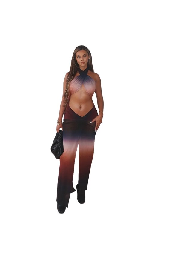 Women's Gradient Print Halter Chest Wrapped Sleeveless Backless Pleated Split Long Dress, Sexy