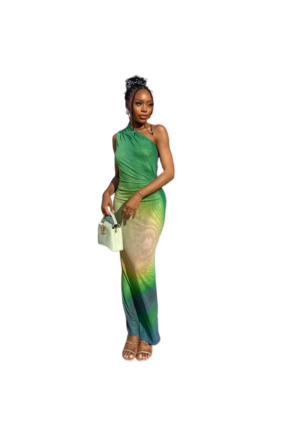 Women’s Gradient Print Oblique Shoulder Dress Sleeveless Package Hips Gauze Spliced with Lining Cloth