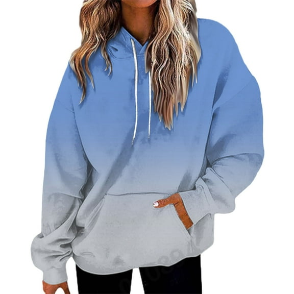 Women's Gradient Print Oversized Hoodie with Pocket, Drop Shoulder Long Sleeve Pullover Sweatshirt, Soft Fleece Lined Casual Tops for Spring Fall Winter Seasons and Daily Comfort Wear Blue S