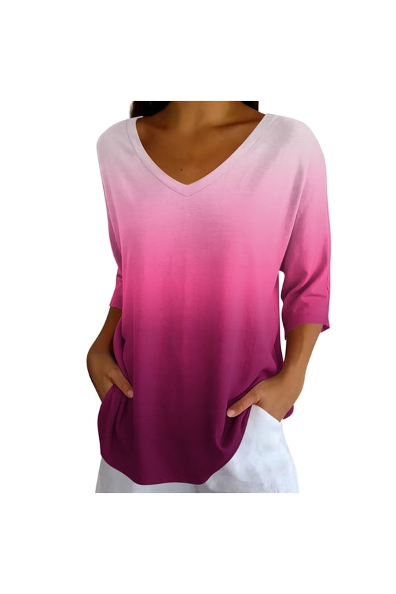 Women's Gradient Printed T-Shirt 3/4 Sleeve V Neck Crew Neck Casual Loose Pullover Tops with Pockets Watermelon Red