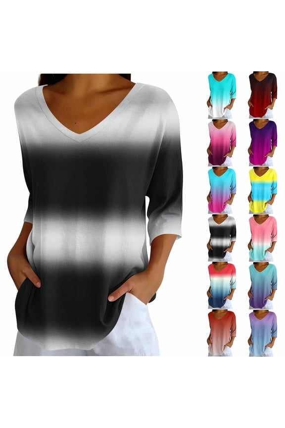 Women's Gradient Printed T-Shirt 3/4 Sleeve V Neck Crew Neck Casual Loose Pullover Tops with Pockets Yellow