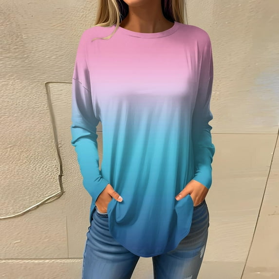 Women's Gradient Printed Tunic Tops Casual Long Sleeve Shirts Round Neck Pullover