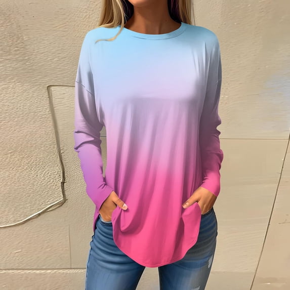Women's Gradient Printed Tunic Tops Casual Long Sleeve Shirts Round Neck Pullover
