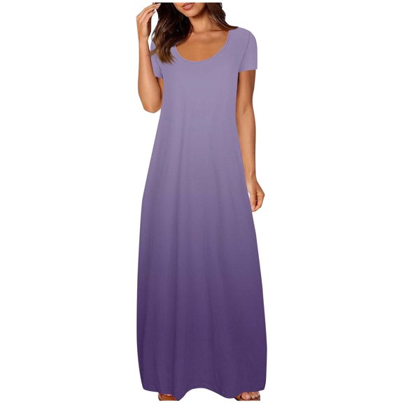Women's Gradient Short Sleeve Maxi Dress 2025 Summer Casual Crewneck A Line Flowy Long Dresses with Pockets