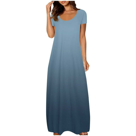 Women's Gradient Short Sleeve Maxi Dress 2025 Summer Casual Crewneck A Line Flowy Long Dresses with Pockets