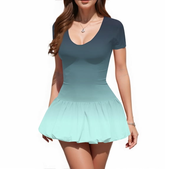 Women's Gradient Short Sleeve Mini Skater Dress Casual Fit and Flare Party Graduation Dress