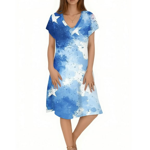 Women's Gradient Star Print V-Neck Short Sleeve Dress, Comfortable Summer Casual Flowy Midi Dress for 4th of July Independence Day,Blue S