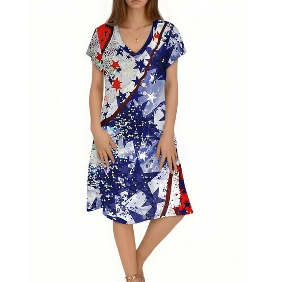Women's Gradient Star Print V-Neck Short Sleeve Dress, Comfortable Summer Casual Flowy Midi Dress for 4th of July Independence Day,Dark Blue L