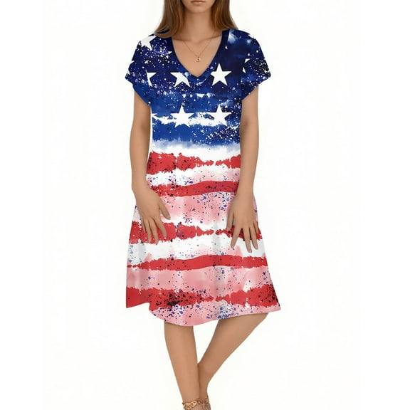Women's Gradient Star Print V-Neck Short Sleeve Dress, Comfortable Summer Casual Flowy Midi Dress for 4th of July Independence Day,Light Blue L