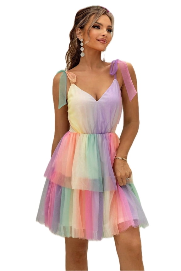 Women's Gradient Tie Shoulder Layered Dress with Sheer Overlay and Opaque Stretch Lined Body 100% Polyamide Soft Draped