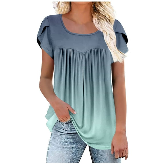 Women's Gradient Tops Dressy Casual Summer Petal Short Sleeves T-Shirts Trendy Pleated Loose Square Neck Tunic Tops