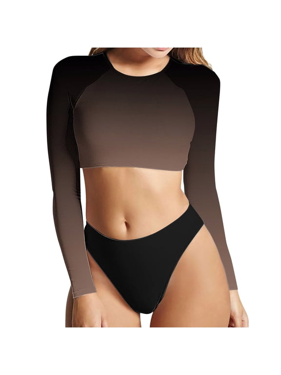 Women's Gradient Two Piece Swimsuit Long Sleeve Rash Guard Bathing Suits High Waist Bikini Bottom Tankini Set UPF 50+