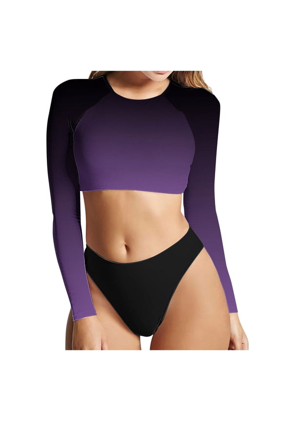Women's Gradient Two Piece Swimsuit Long Sleeve Rash Guard Bathing Suits High Waist Bikini Bottom Tankini Set UPF 50+