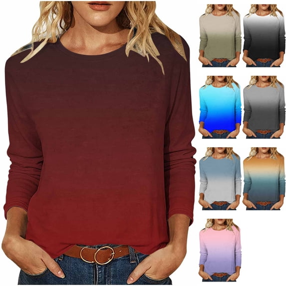 Women's Gradient Underscrub Long Sleeve Shirt Soft Stretch Crewneck Slim Fit Tee Base Layer Top for Nurses Fall Winter Layering, Wine, XL
