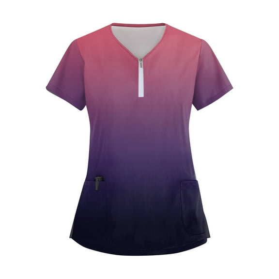 Women's Gradient Zip Front Scrub Top Short Sleeve V-Neck Medical Uniform with Pockets for Nurses and Healthcare