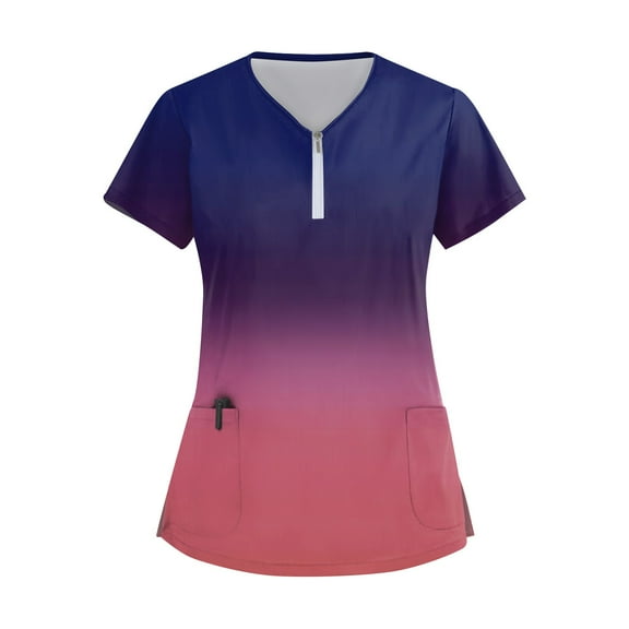 Women's Gradient Zip Front Scrub Top Short Sleeve V-Neck Medical Uniform with Pockets for Nurses and Healthcare
