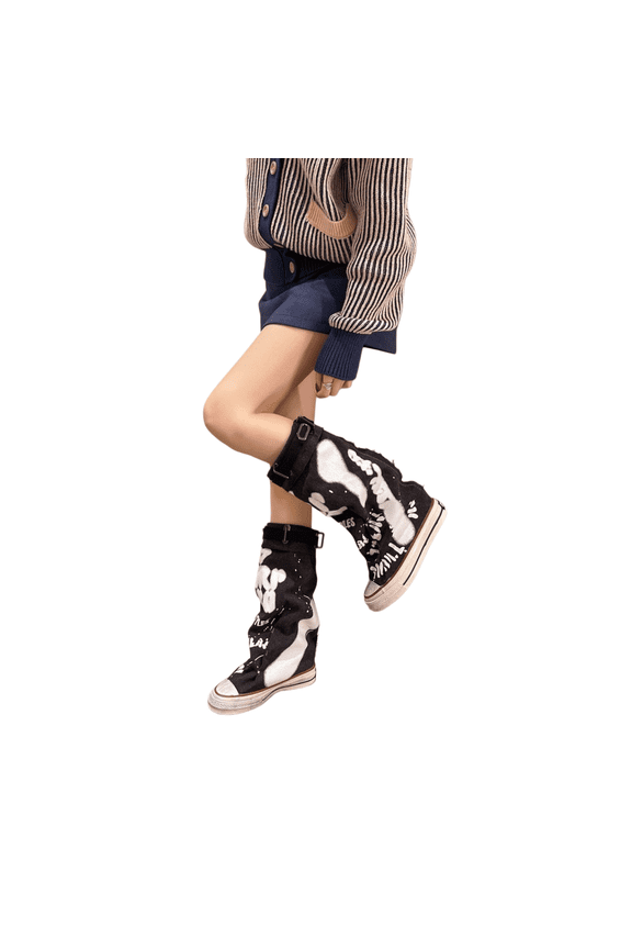 Women's Graffiti Canvas Slouch Boots, Folded Cuff Stacked Ankle Booties