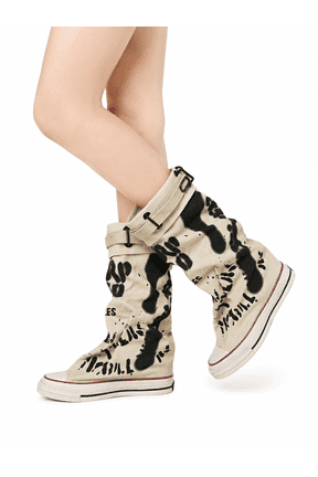 Women's Graffiti Canvas Slouch Boots, Folded Cuff Stacked Ankle Booties