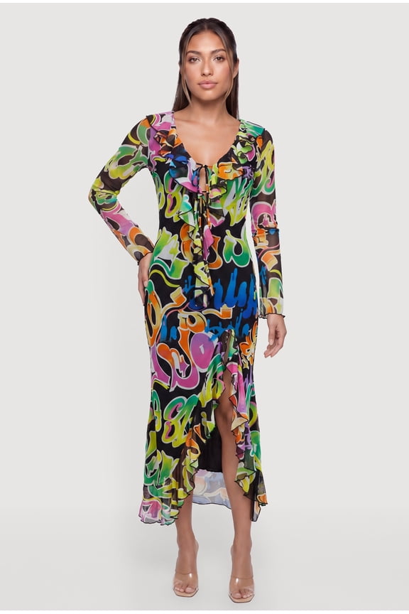 Women's Graffiti Mesh Tie Front Maxi Dress