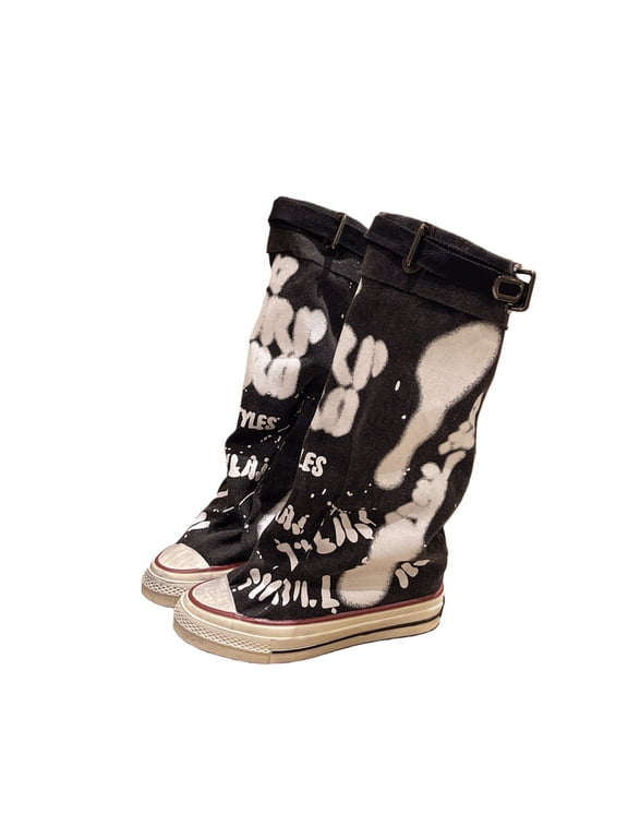 Women's Graffiti Print Canvas Jumper Boots, Stacked Ankle Booties with Folded Cuff, Comfort Casual Grunge Style Boots
