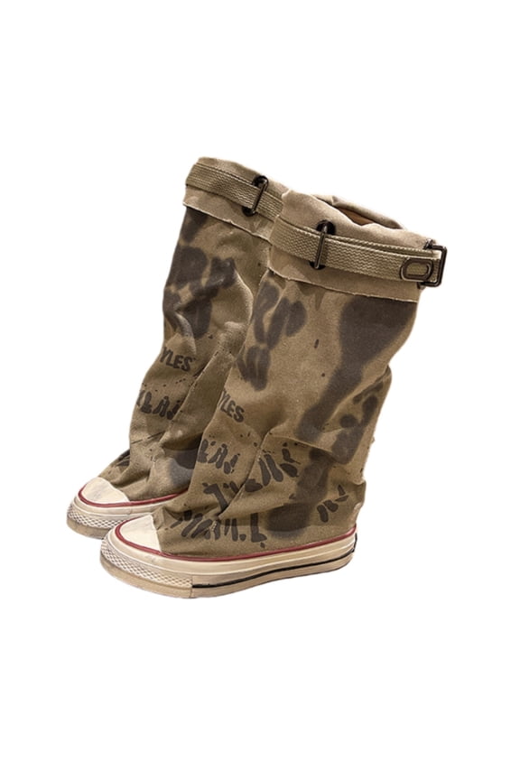 Women's Graffiti Print Canvas Jumper Boots, Stacked Ankle Booties with Folded Cuff, Comfort Casual Grunge Style Boots