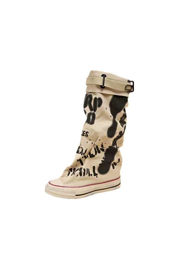 Women's Graffiti Print Canvas Jumper Boots, Stacked Ankle Booties with Folded Cuff, Comfort Casual Grunge Style Boots