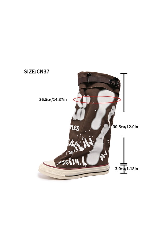 Women's Graffiti Print Canvas Jumper Boots, Stacked Ankle Booties with Folded Cuff, Comfort Casual Grunge Style Boots
