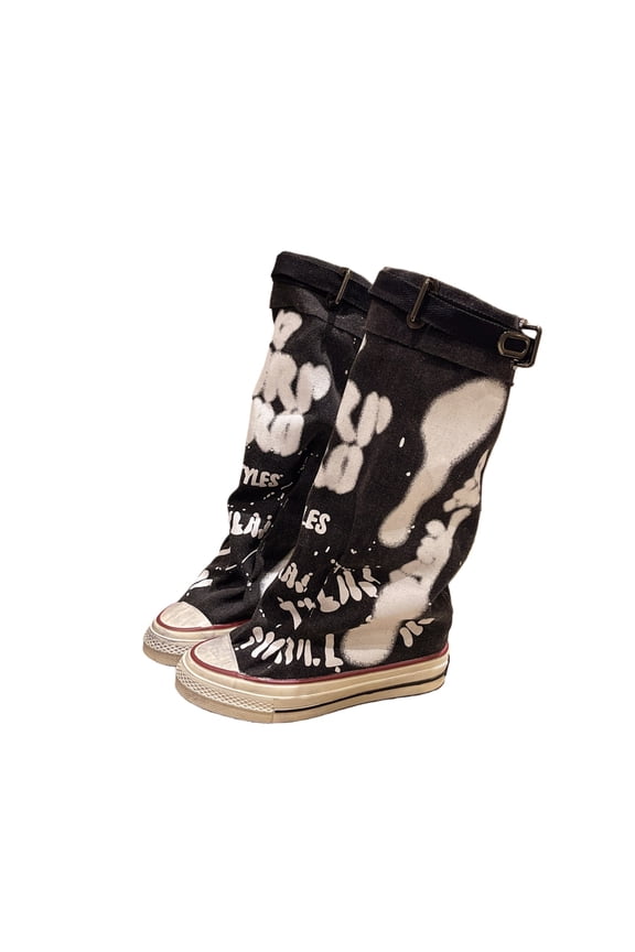 Women's Graffiti Print Canvas Jumper Boots, Stacked Ankle Booties with Folded Cuff, Comfort Casual Grunge Style Boots